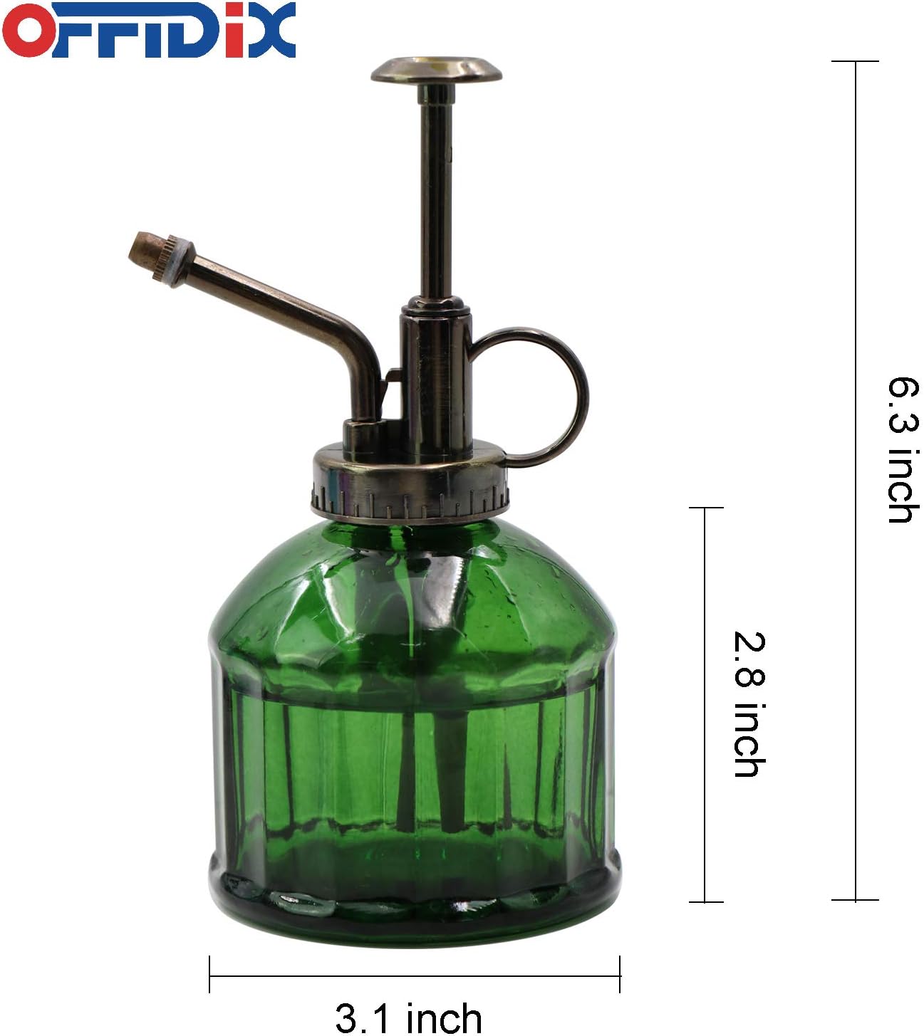 OFFIDIX Glass Plant Mister, 6.3 Inches Tall Vintage Style Spritzer Bronze Plastic Top Pump One Hand Watering Can Indoor Plant Spray Bottle for Garden, Plants, Cleaning (Dark Green)