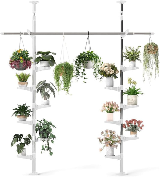 Hershii Adjustable Indoor Plant Stands Double Tension Pole Stainless Steel Flower Display Racks Holder Corner Storage Shelves with 12 Trays, 2 Hooks & 1 Telescopic Clothes Drying Hanging Rod - Ivory