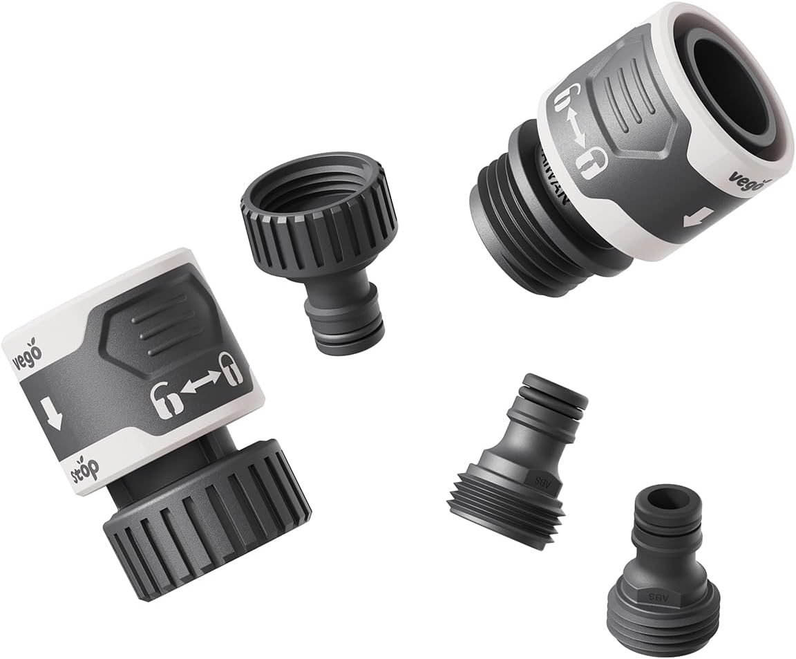 Vego Garden Hose Fitting Quick Connector Set with Water Stop & Lock Feature Quick Release Kit Hose Fittings and Adapters -V2 Set of 5