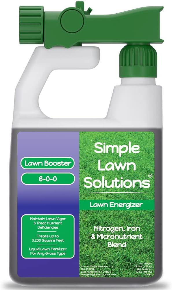 Commercial Grade Lawn Fertilizer with Iron- Liquid Fertilizer Spray- Nitrogen and Iron for Deeper Green Turf- Any Grass Type - Simple Lawn Solutions - Lawn Energizer - 32 Ounce