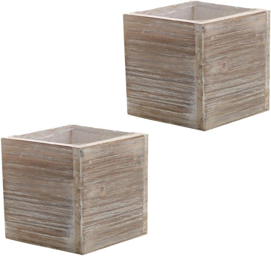 Wood Planter Box, Rustic Whitewash, 6 Inch, Wedding Decor and Floral Arrangements, Country House Charm, Plastic Liners, Wooden Square, Natural Style, (Beige) (Set of 2)