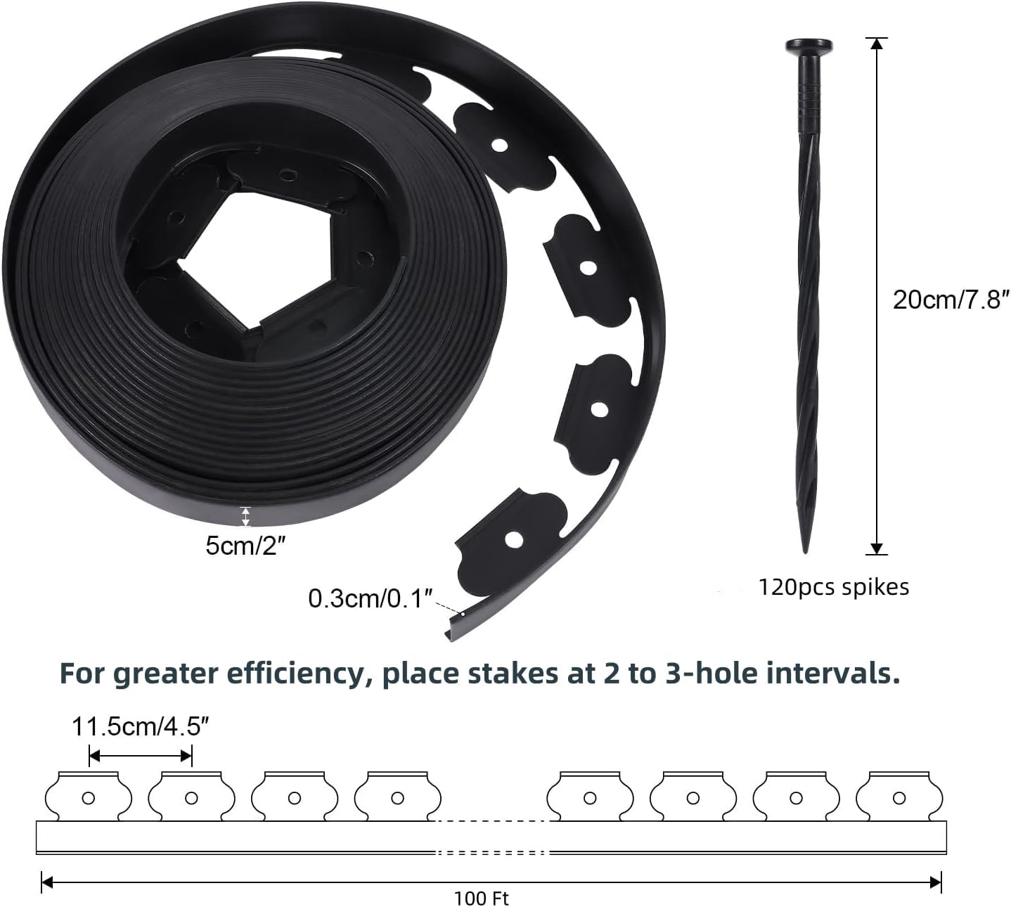 No Dig Durable Garden Landscape Edging Kit, 2" Tall Black Plastic Lawn Border for Landscaping, Flower Gardens, Lawn (100FT+ 120pcs Anchoring Spikes, Black)