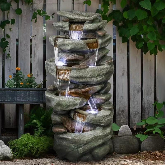 SunJet 40.5” High Rocks Outdoor Water Fountain - 6-Tiers Cascading Waterfall with LED Lights, Soothing Tranquility for Home Garden, Yard Decor