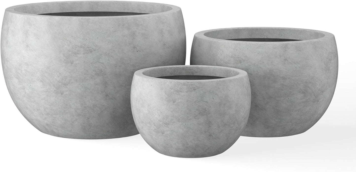 Kante 19.9",15.7",11.8" Dia Round Concrete Planter Set of 3, Outdoor/Indoor Large Bowl Plant Pots with Drainage Hole and Rubber Plug for Garden Patio Balcony Home, Natural Concrete