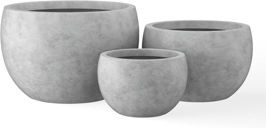 Kante 19.9",15.7",11.8" Dia Round Concrete Planter Set of 3, Outdoor/Indoor Large Bowl Plant Pots with Drainage Hole and Rubber Plug for Garden Patio Balcony Home, Natural Concrete