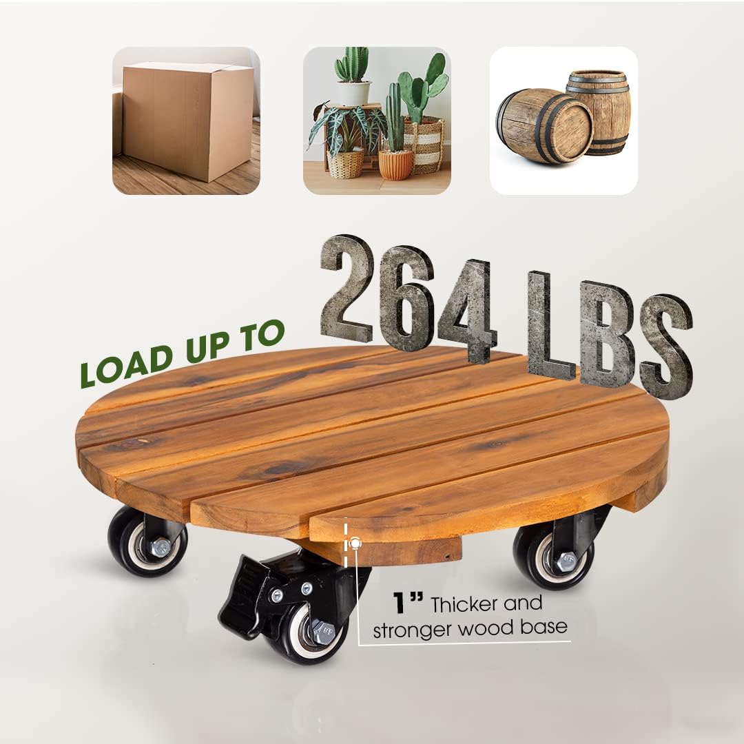 Idzo 2pack Wood Plant Caddy With Wheels Heavy Duty, 264 Lbs Capacity, 12 Inch Acacia Hardwood Plant Dolly, Plant Stand with 360° Lockable Wheels, Plant Caster for Heavy Objects Hauling - Natural Wood