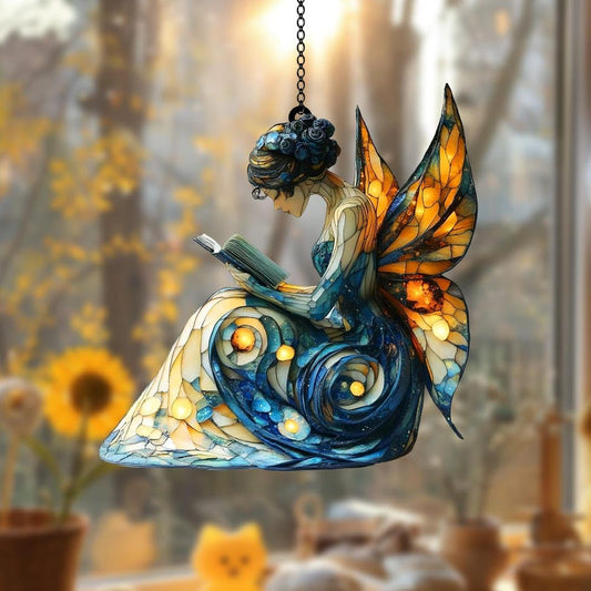 Butterfly Fairy Reading Book Acrylic Suncatcher Ornament Window Hanging Book Lover Gift Fairy Garden Decor