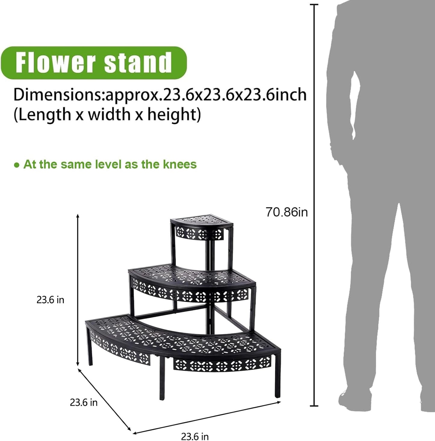 aboxoo 3 Tier Plant Stand Flower Pot Rack, Metal Stair-Step Style Corner Shelf Planters, Quarter Round Display Holder for Indoor Outdoor Use(Black, Semicircle)