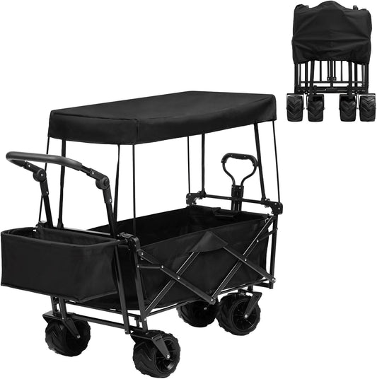 ALIMORDEN Foldable Canopy Wagon Garden Cart, Heavy Duty Outdoor Utility Collapsible Tool Cart with Removable Canopy and Big Wheels, Black
