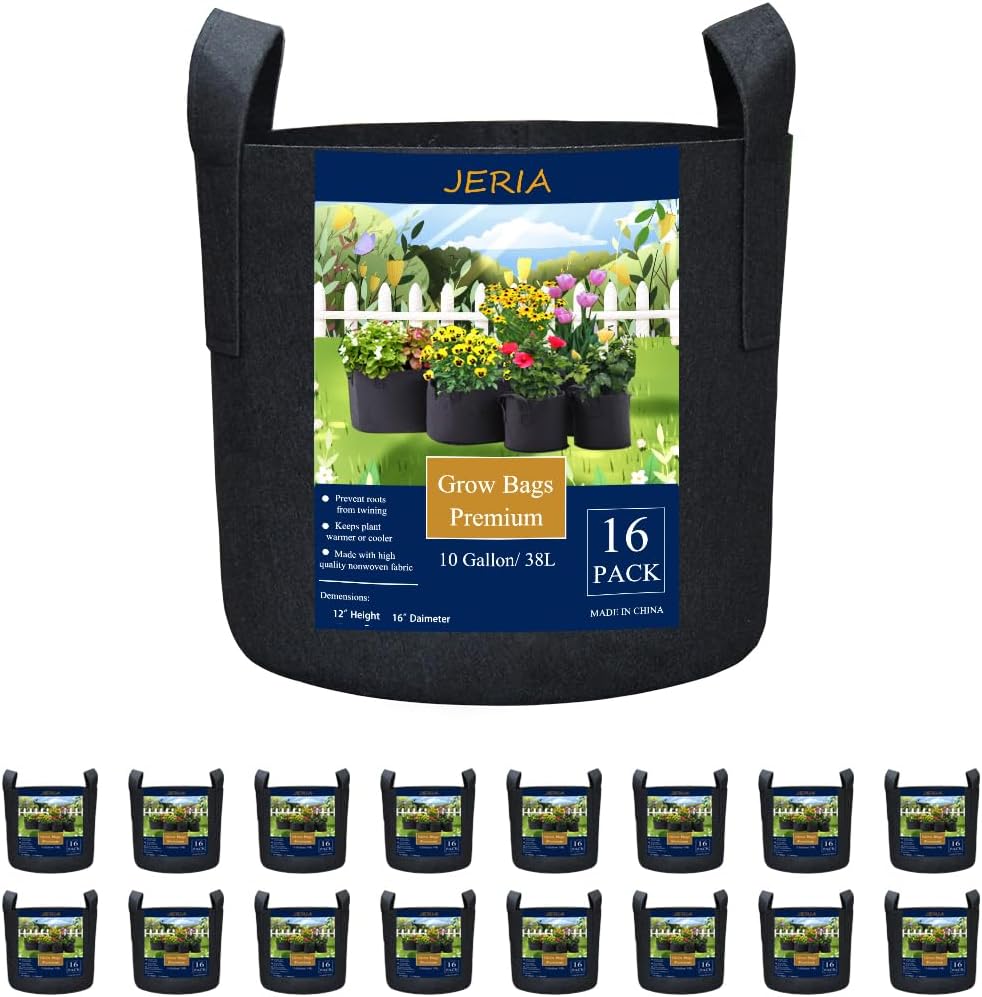 JERIA 16-Pack 10 Gallon Grow Bags, Heavy Duty Thickened Nonwoven Fabric Pots Container with Reinforced Handles, Vegetable/Flower/Plant Grow Pots Come with 16 Pcs Plant Labels