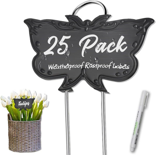 Metal Plant Labels, Tall Outdoor Butterfly Garden Markers for Flowers, Fruits and Vegetables, 304 Stainless Steel Weatherproof Signs (25 Packs, 4" x 2.3", Black Butterfly Design)