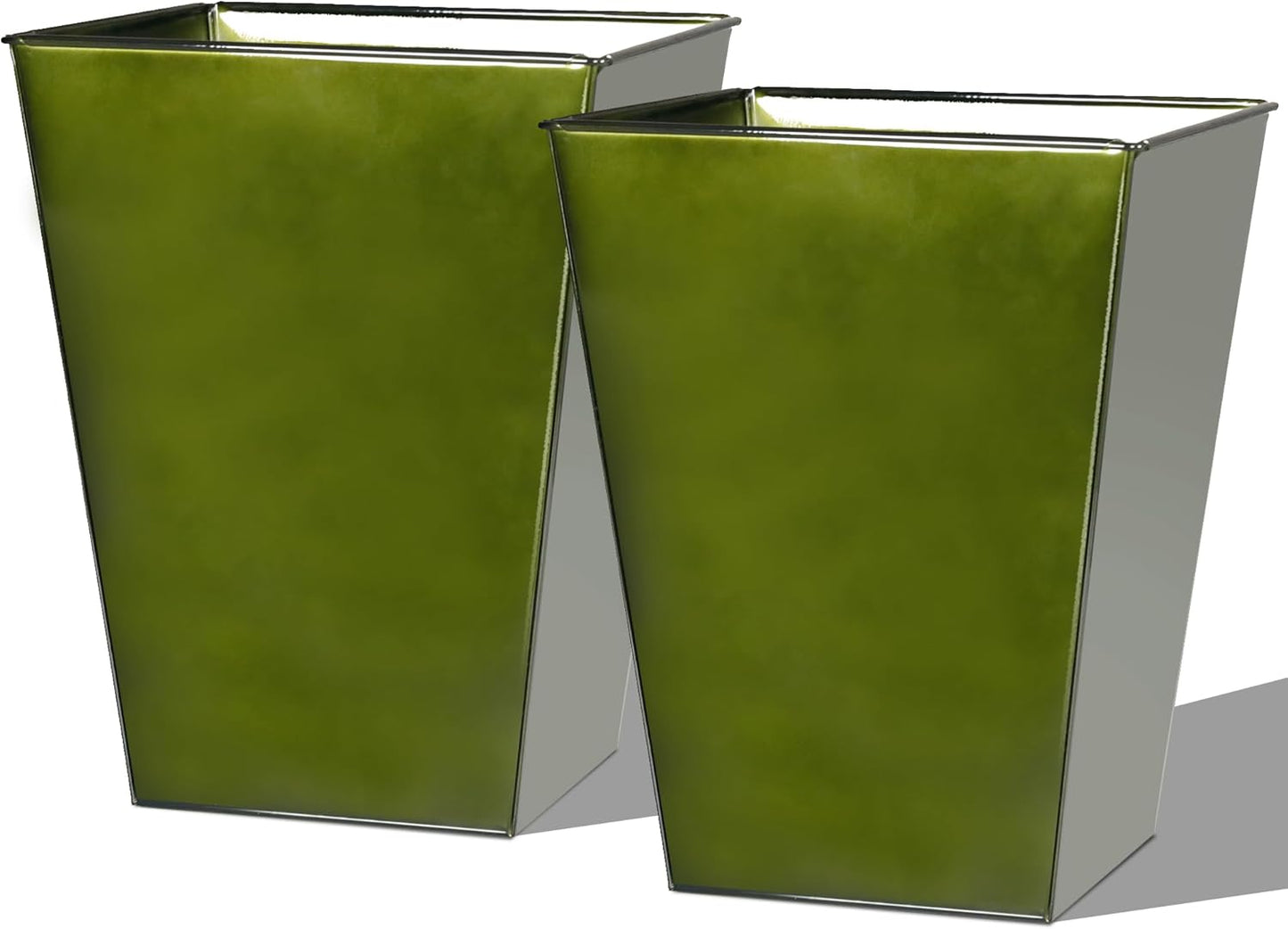 Worth Garden Large Metal Glazed Floor Planter Set of 2-14" Dia x 18" H - Luxurious Glossy Finish Green Tall Square Tapered Steel Plant Pots, Decor Flower Pot Indoor & Outdoor, Drainage Hole