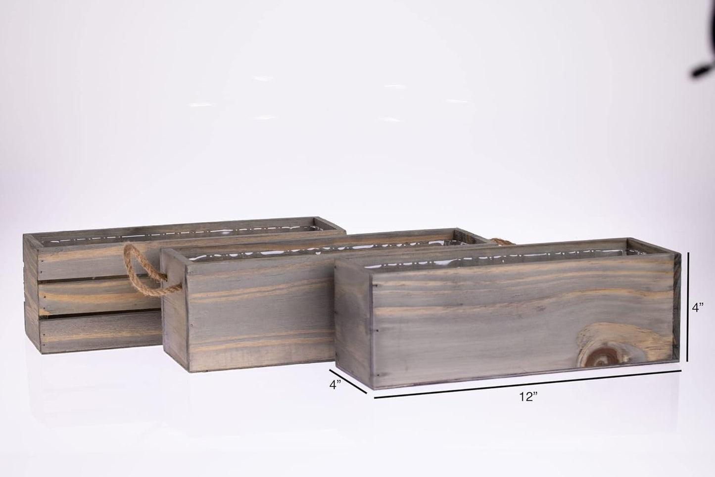 Wooden Planter Box with Handle, Rustic Barn Wood, Plastic Liner l Garden Decor l Restaurant and Wedding Decorations l Wedding Table Centerpiece (12x4 w Handle Set of 4, Natural)