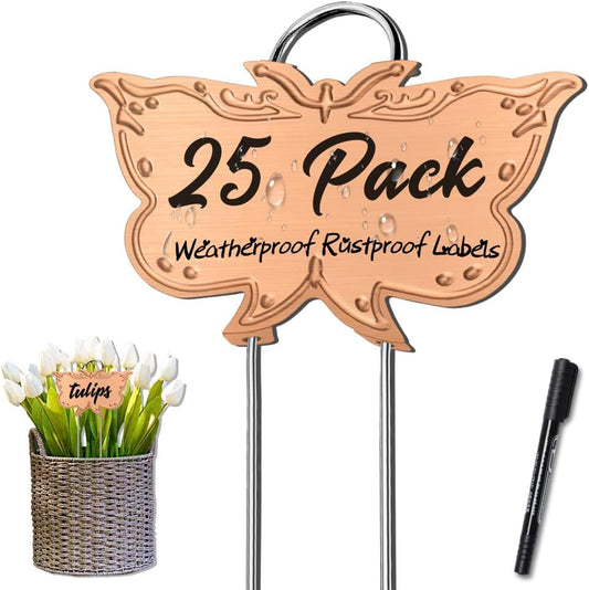 Metal Plant Labels, Tall Outdoor Butterfly Garden Markers for Flowers, Fruits and Vegetables, 304 Stainless Steel Weatherproof Signs (25 Packs, 4" x 2.3", Gold Butterfly Design)