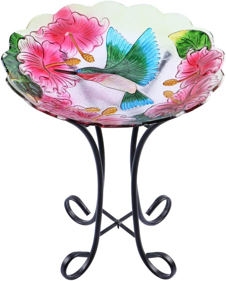MUMTOP Outdoor Glass Birdbath with Metal Stand for Lawn Yard Garden Hummingbird Decor,18” Dia 21.65” Height