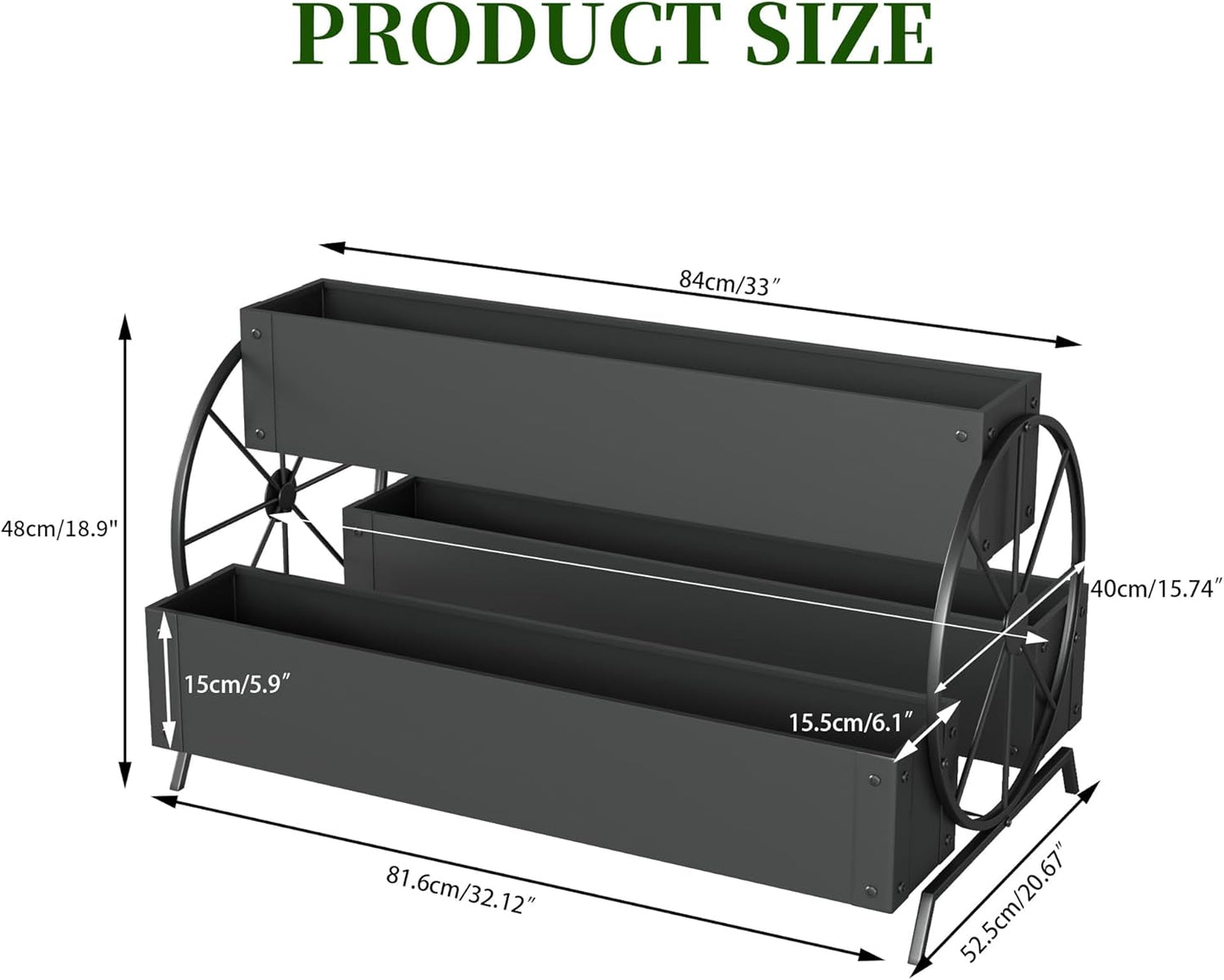 Metal Wagon Planter Box, 3-Tier Garden Planter with Wagon Wheels, Decorative Outdoor Planters for Flowers Herbs Vegetables, Flower Cart Small Raised Garden Bed for Patio, Balcony (Black)