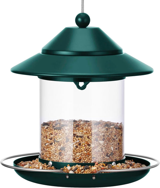 Metal Roof Bird Feeder, Hanging Bird Feeders for Outdoors with 2LB Clear Tube Seed Capacity for Viewing Cardinal Finch, 360° Feeding Wild BirdFeeders for Outside Garden Yard Decoration