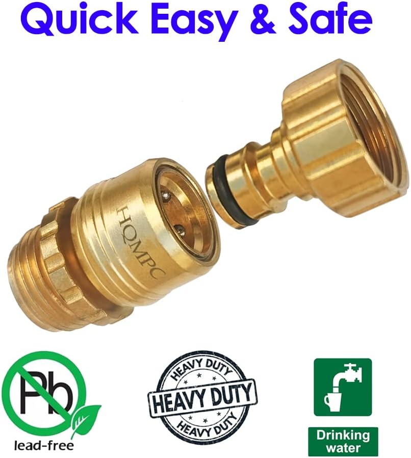 HQMPC Garden Hose Quick Connect No Pb Solid Brass Quick Connector Garden Hose Fitting Water Hose Connectors 3/4 inch GHT (2 Sets)