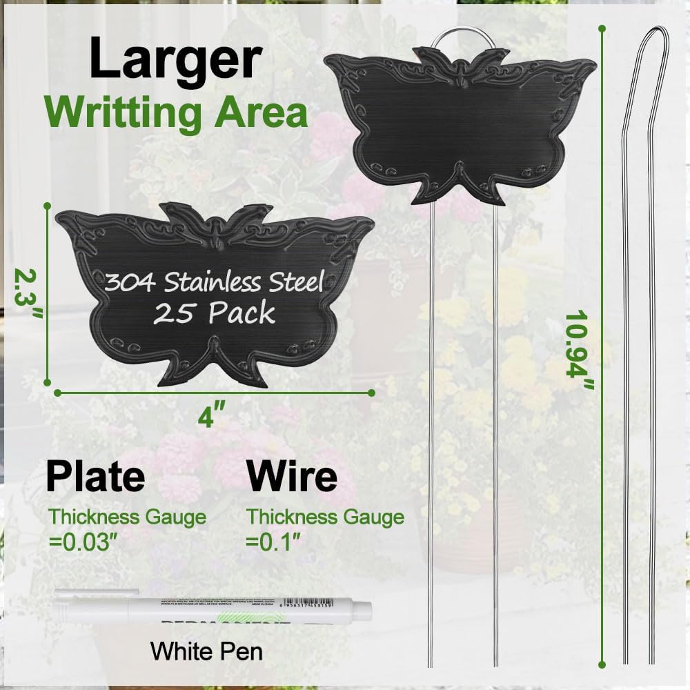 Metal Plant Labels, Tall Outdoor Butterfly Garden Markers for Flowers, Fruits and Vegetables, 304 Stainless Steel Weatherproof Signs (25 Packs, 4" x 2.3", Black Butterfly Design)