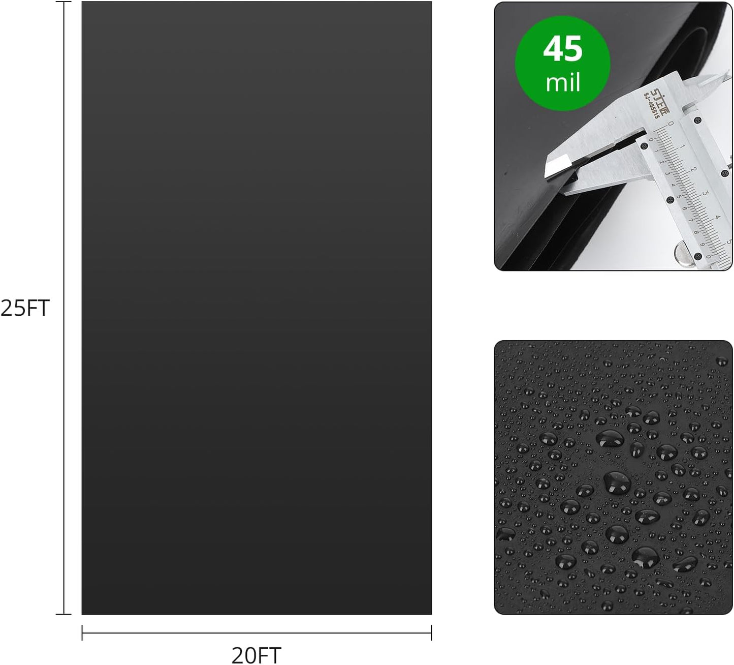 45 Mil EPDM Pond Liner 20x25ft - Fish-Safe Rubber for Outdoor Ponds, Waterfalls, Koi Fish Ponds, Landscaping - Puncture Resistant, UV Proofs, Durable, Flexible Water Barrier