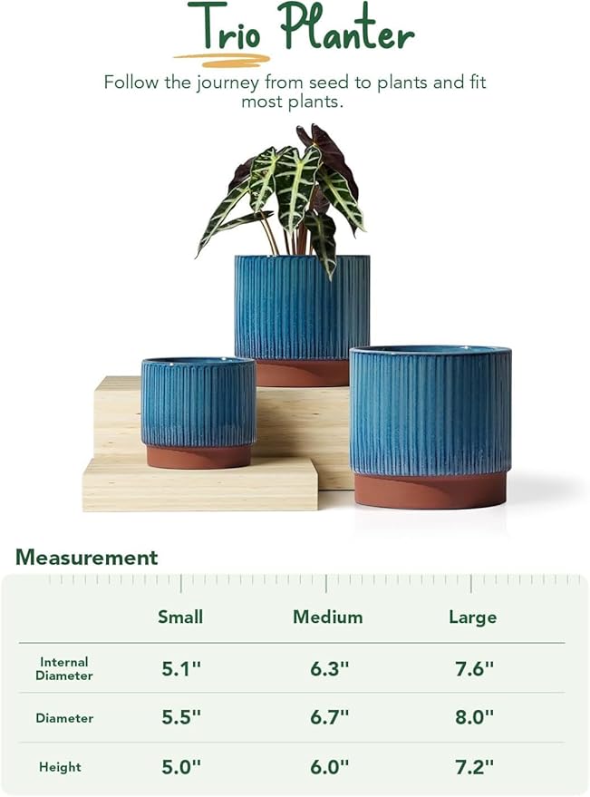 LE TAUCI Ceramic Plant Pots with Drainage Holes, Set of 3, 8+6.7+5.5 Inch Stripe Garden Planter Pots for Outdoor Indoor Plants Flower, Round Succulent Orchid Flower Pot Small to Large Size, Blue