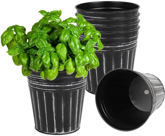 6 Inch Black Metal Rustic Flower Pots - 6Pcs Galvanized Planters with Drainage Hole and Rubber Plug, Rustproof Metal Bucket Plant Pots Farmhouse Vintage Style for Decor