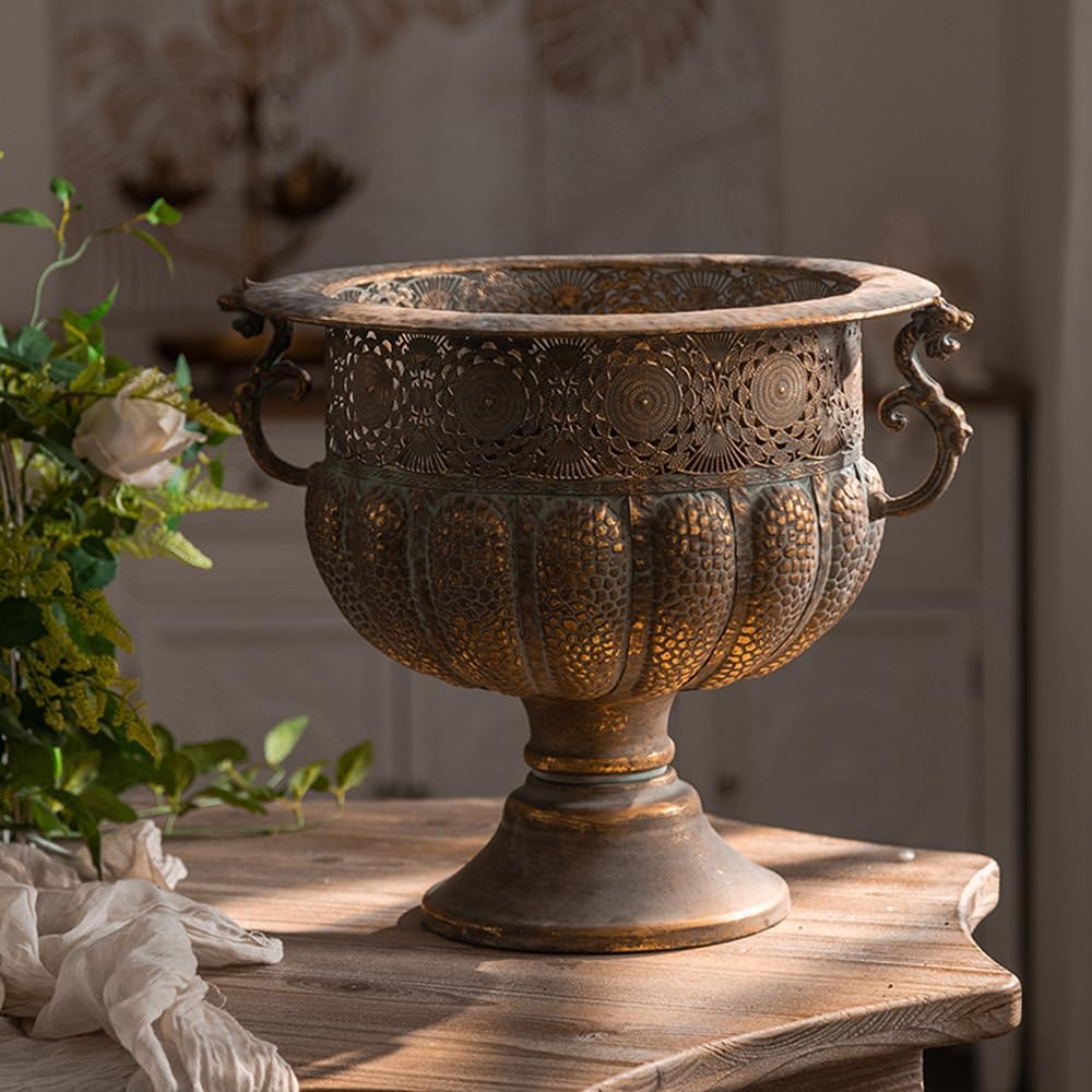 Vintage Metal Decorative Urn Planter with Stand, Embossed Pattern, Bronze Finish (45 * 39 * 36CM)