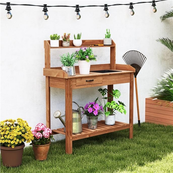 ARNOT Potting Bench,Outdoor Potting Bench Table with Sink and Storage Shelves, Wooden Garden Workstation for Gardening Tools, Planting, and Repotting – Natural Fir Wood (38" x 17" x 50")