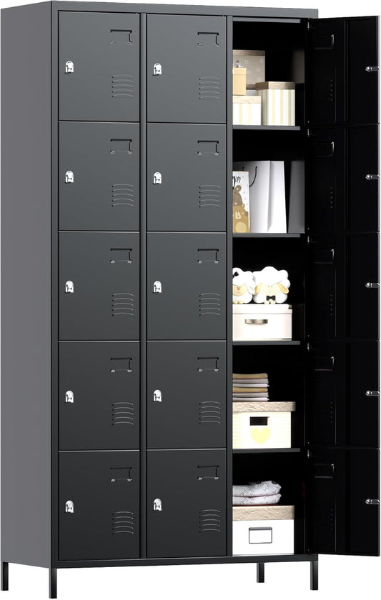 METAN Metal Locker for School Office Gym Bedroom, 15 Doors Black Steel Storage Locker Cabinet for Employees, Industrial Storage Locker, Assembly Required (15 Door-Black)