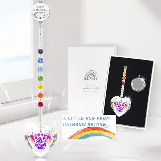 Pet Memorial Gifts for Dogs Rainbow Bridge Dog Memorial Gifts for Loss of Dog Rainbow Maker Heart-Shaped Crystal Suncatcher with Sympathy Card Dog Memorial Ornament Windows Hanging Decor