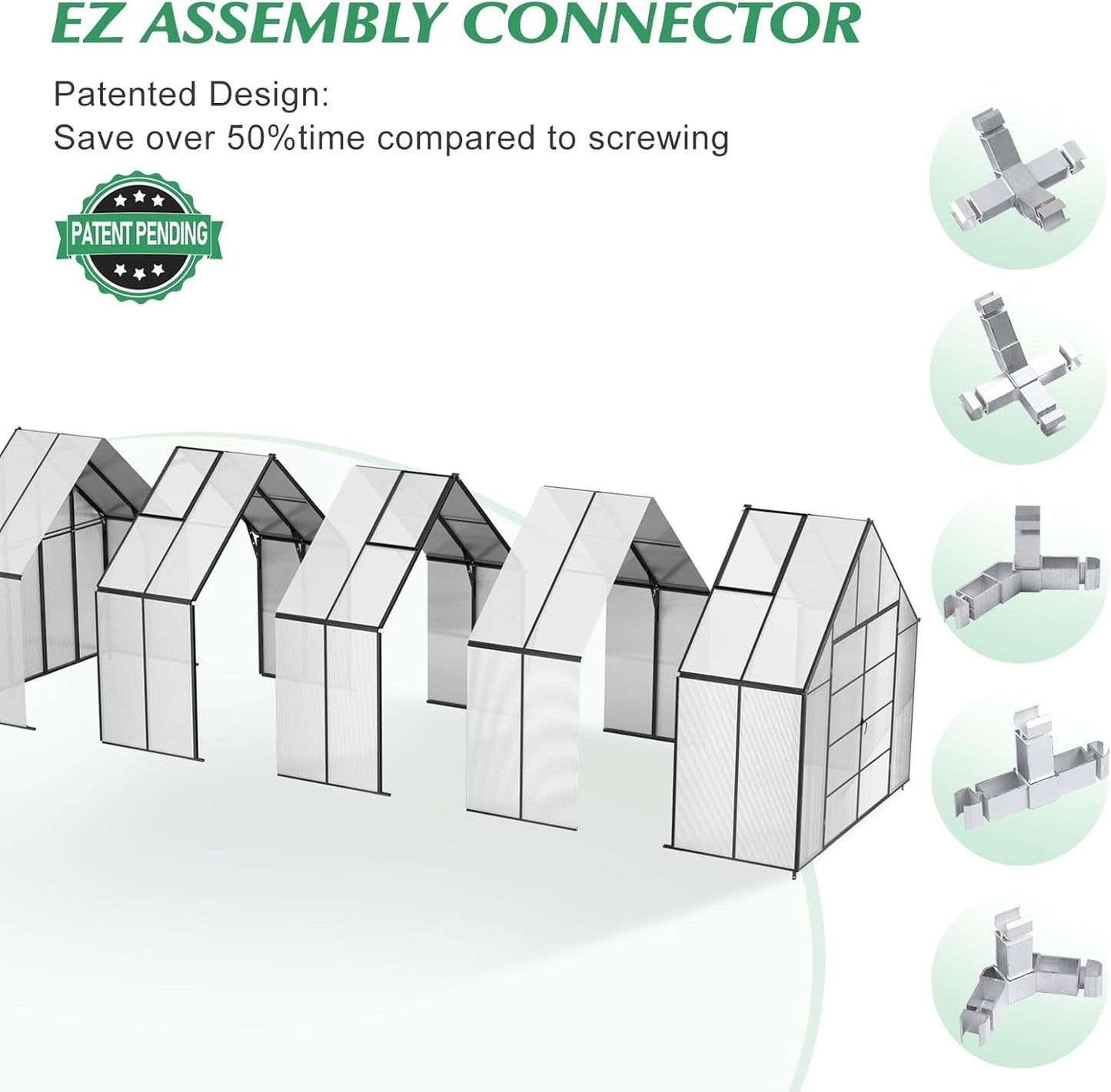 10'x10'x28' Snap-Together Greenhouse - Easy 3-Way Connectors, Heavy-Duty Aluminum Frame, Wind/Snow Resistant for Gardening/Urban Farming, Includes Sliding Door & Ventilation Windows