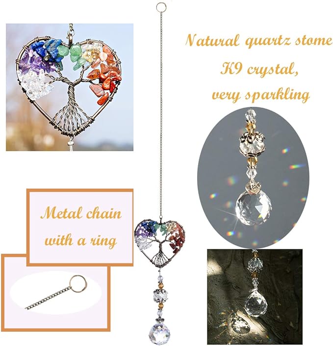 H&D HYALINE & DORA Suncatcher Window Hanging Tree of Life Heart Shaped Crystal Ball Prism Drop Pendant