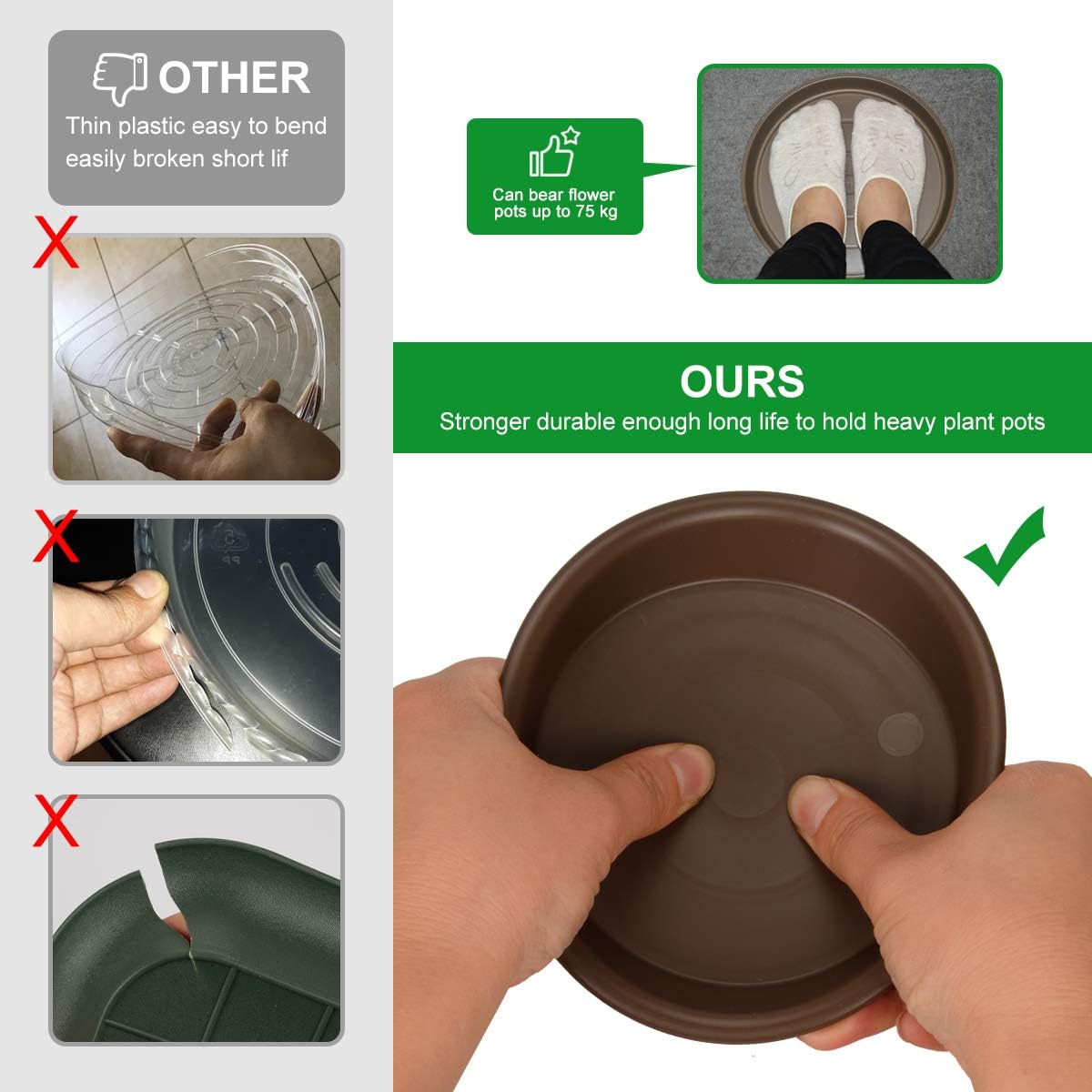 Plant Saucer 4 inch, Large Planter Durable Thicker Plastic Plant Trays for Indoors and Outdoor, Plant Saucer Drip Trays,Brown (4" - 3 Pack)