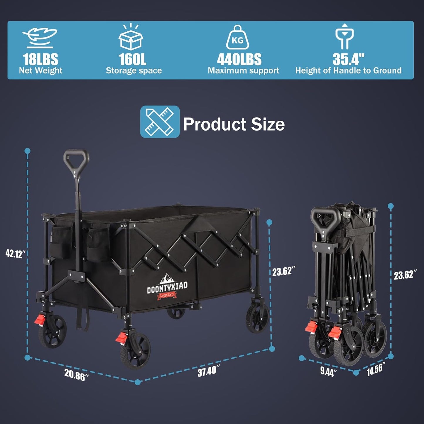 Collapsible Wagon, 440lbs Load Capacity, Wagon carts Foldable with Wheels, Heavy-Duty Steel Frame, 600D Oxford Fabric, Ergonomic Handle, Wear-Resistant, Perfect for Outdoor, Garden, Grocery (440LBS)