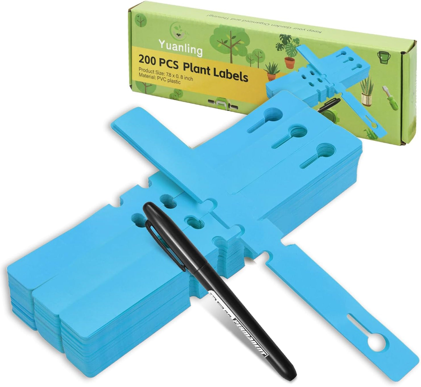 Plant Labels 200 Pcs Yuanling Plastic Plant Tree Tags Wrap Around Hanging Tags Nursery Tree Markers Adjustable Garden Labels for Indoor Outdoor Gardening Plants (Blue with 1 Marker Pen)