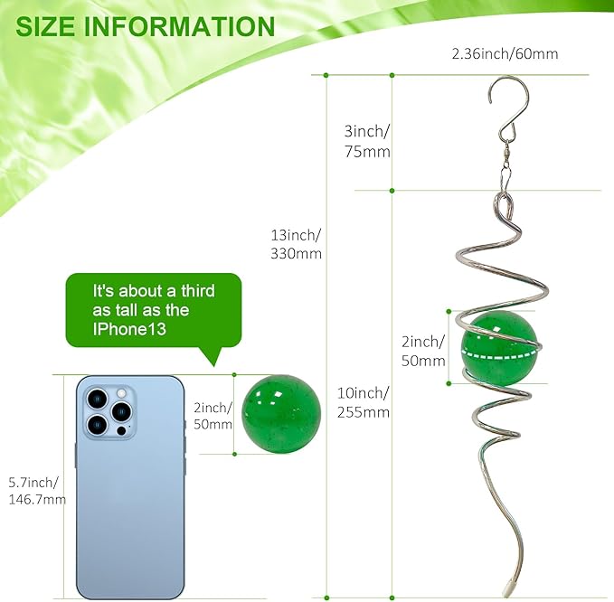 Gazing Ball Spiral Tail with Green Glass Orb, Spiral Tail for Wind Spinner, 3D Wind Spinners Stabilizer, Rotating Art Decor-Visual Illusion in Spinning, Indoor Outdoor Garden Decoration 13"