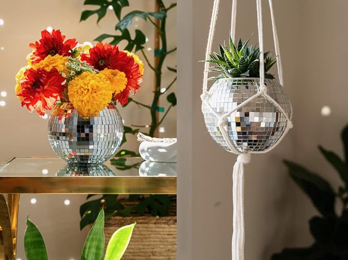 Hanging Disco Ball Planter 8" - with Acrylic Stand and Macrame Plant Hanger - Home Décor, Room Décor, Mirror Disco Planter, Disco Decor (6" with White Hanger, Flat Base)