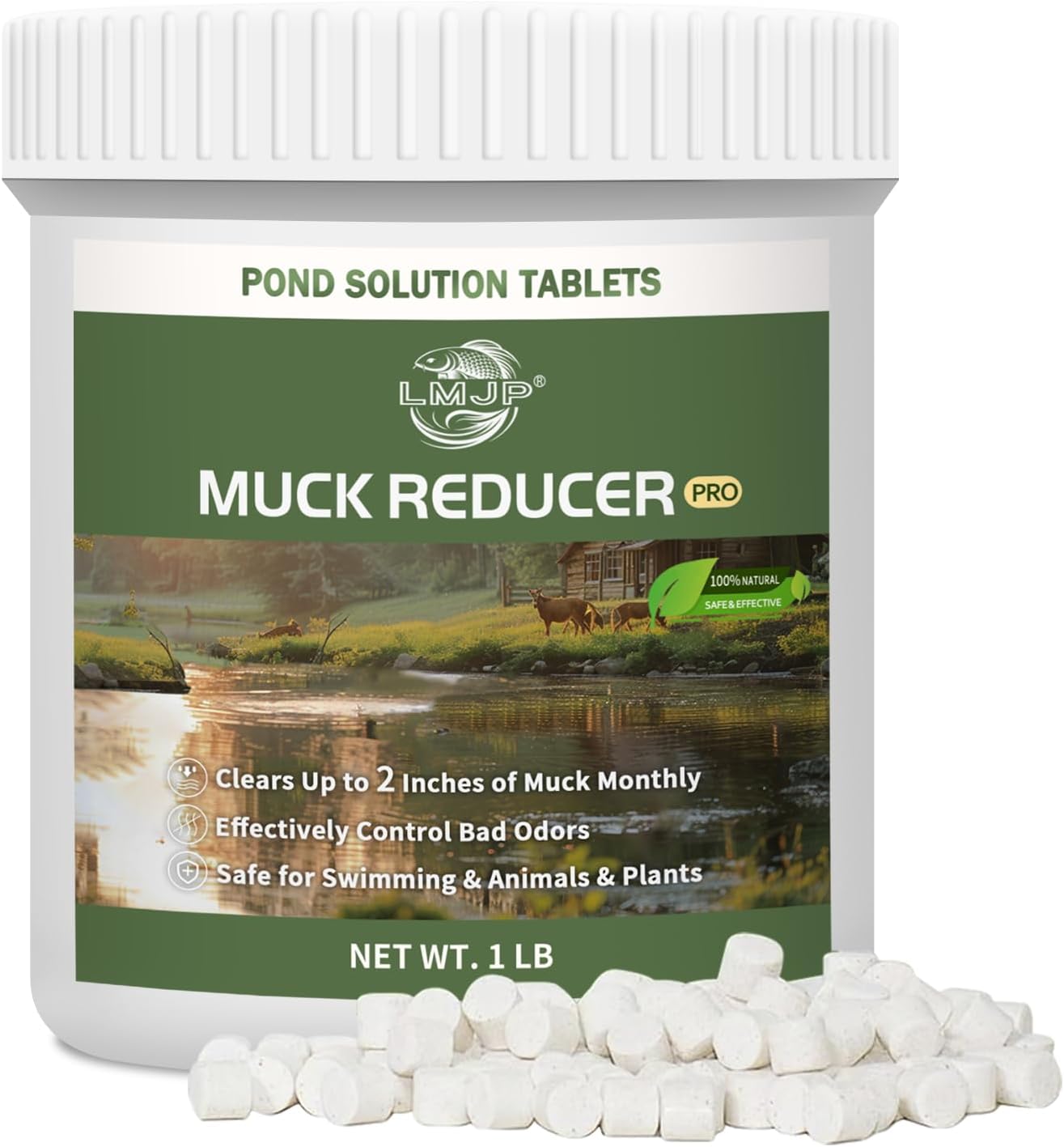 Muck Reducer - 1LB Natural Sludge Solution Tablets for Ponds & Lakes, Away Muck & Odor Control, Safe for Aquatic Life, Wildlife & Recreation, Treats Up to 6,000 Sq Ft