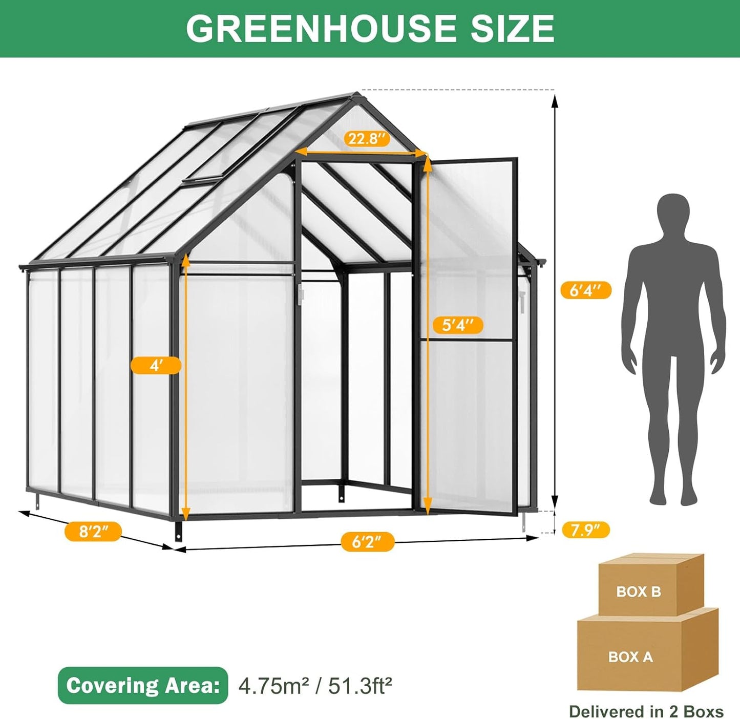 Polycarbonate Greenhouse, 8.2x6.2 FT Easy Assembly Aluminum Heavy Duty Greenhouses for Outdoors w/ Window, Swing Door, Walk-in Green House for Sunroom,Outside, Backyard, Garden, Black