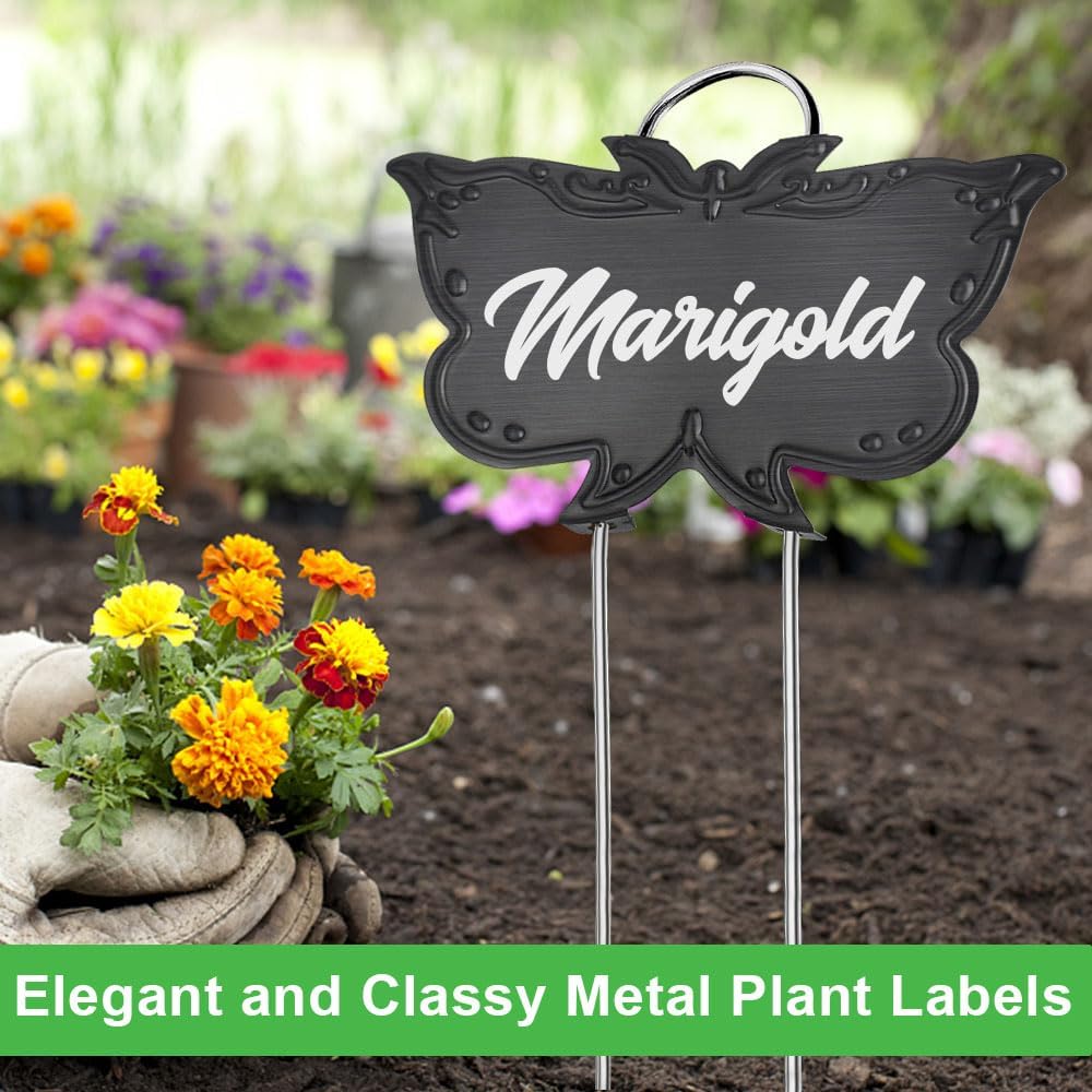 Metal Plant Labels, Tall Outdoor Butterfly Garden Markers for Flowers, Fruits and Vegetables, 304 Stainless Steel Weatherproof Signs (25 Packs, 4" x 2.3", Black Butterfly Design)
