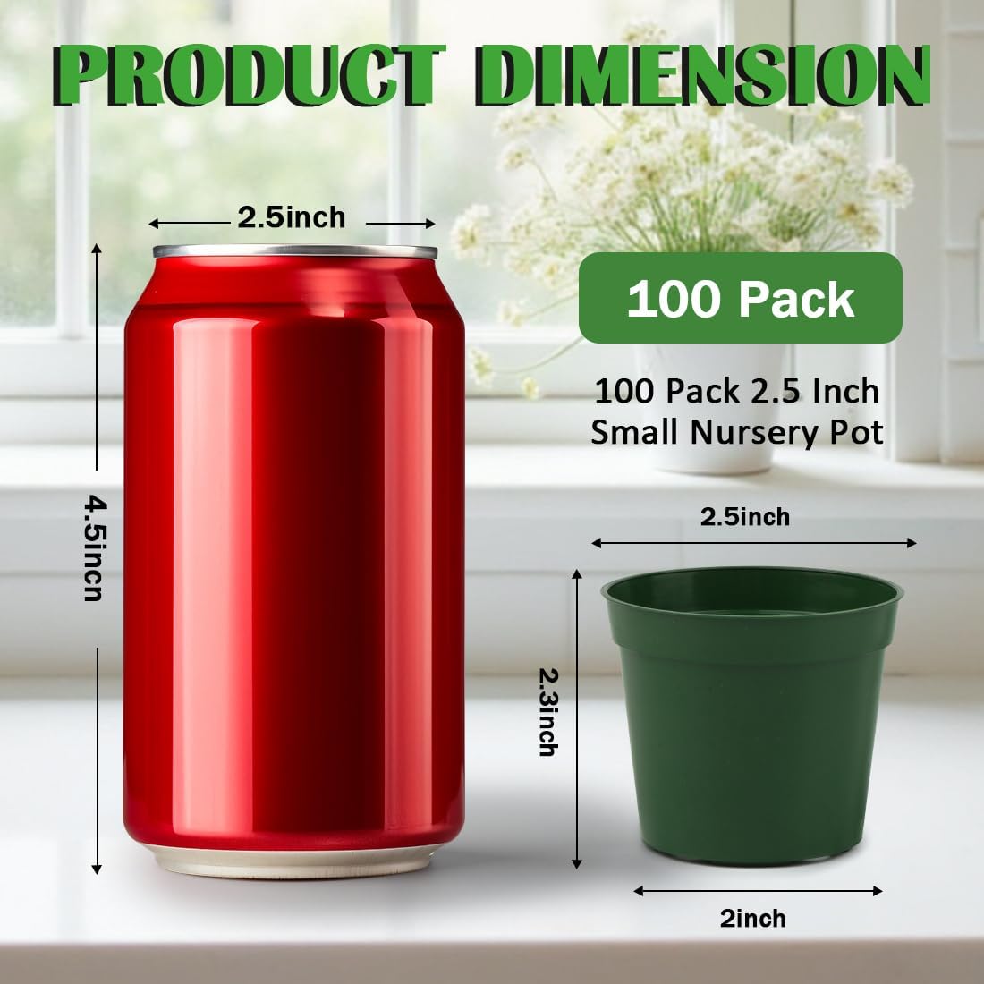 100 Pack 2.5 Inch Small Plant Pots, Plastic Nursery Pots for Plants, Seedling Pots for Planting Seeds, Succulents, Vegetables, Green