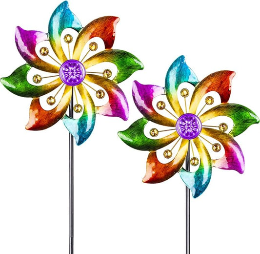 DREAMYSOUL 2 Packs Outdoor Metal Wind Spinner, Colorful Pinwheels for Yard and Garden, Kinetic Rainbow Spinner Wind Sculpture Garden Decor