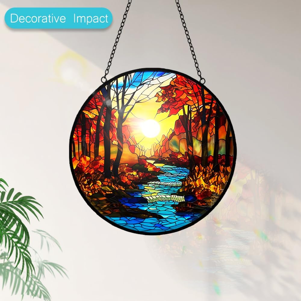 Fall Decor Sunrise Tree and River Landscape Stained Glass Suncatcher for Window Hanging - Mountains Sun Catchers Diamond Glass Panel Hangings Wall Decor - Birthday Gift for Mom Grandma Nature Lovers
