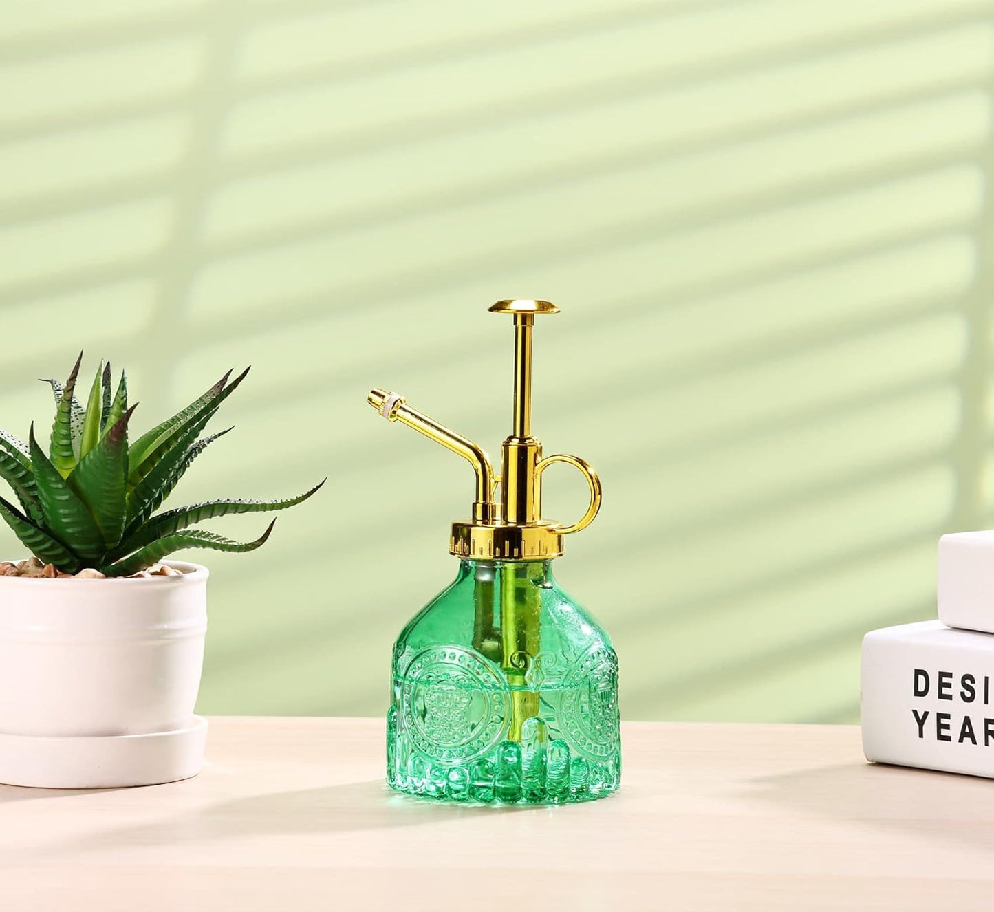 Glass Plant Mister Spray Bottle, 6.5" Green Glass Water Spray Bottle with Gold Top Pump Small Watering Can, Small Plant Sprayer Mister for Indoor Outdoor House, Green+Gold (Green+Gold D)