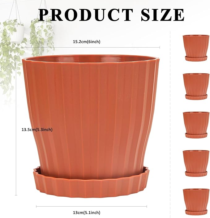 Plastic Flower Pots, 5 Pack 6 inch Indoor Plant Pots Planters for Outdoor Plants Flowers Garden Patio Home Nursery Decor Gifts,Large Succulent Pots with Drainage Tray Saucer & Hole Terracotta