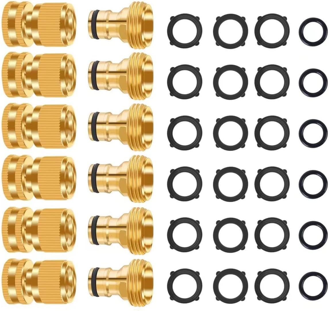 Garden Hose Quick Connector, No-Leak 3/4 Inch GHT Thread Fitting Water Hose Female Adapter and Male Adapter, Heavy-Duty Rust Resistant Brass Water Pipe Connect, Easy to Use (6 Pack ）