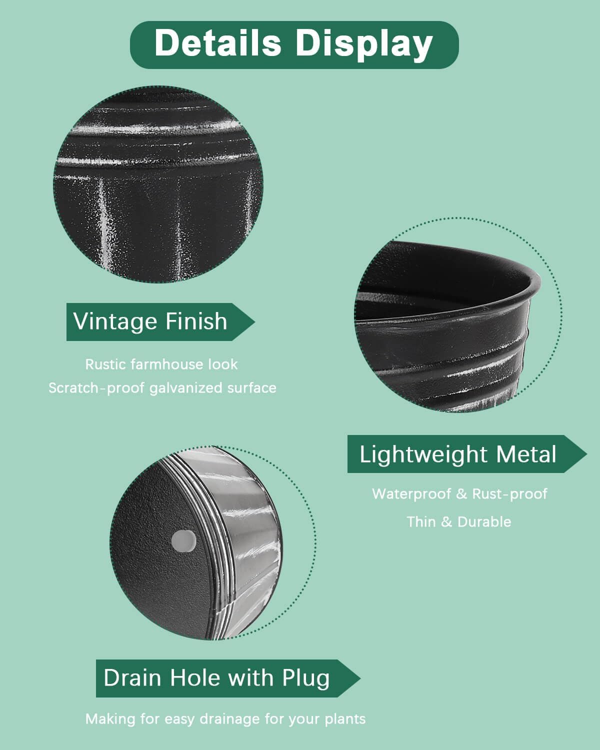 vensovo 4 Inch Black Metal Rustic Flower Pots - 6Pcs Small Galvanized Planters with Drainage Hole and Rubber Plug, Rustproof Metal Bucket Plant Pots Farmhouse Vintage Style for Decor