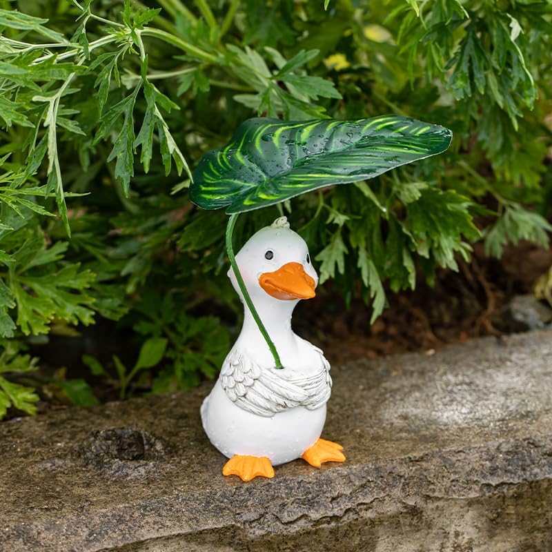Umbrella Duckling Garden Waterproof Resin Animal Decorative Statue (White)
