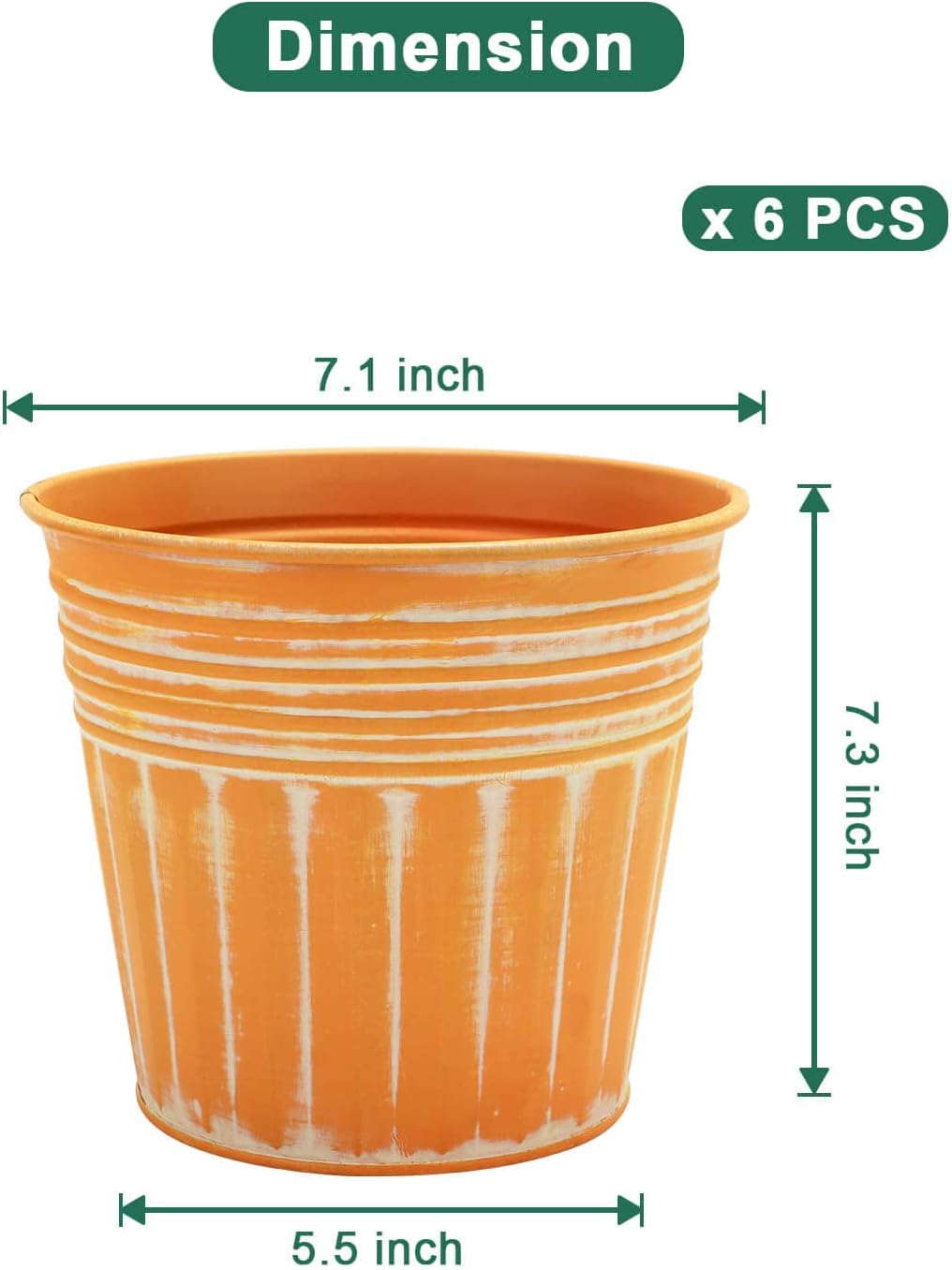 vensovo 7 Inch Orange Metal Rustic Flower Pots - 6Pcs Medium Galvanized Planters with Drainage Hole and Rubber Plug, Rustproof Metal Bucket Plant Pots Farmhouse Vintage Style for Decor