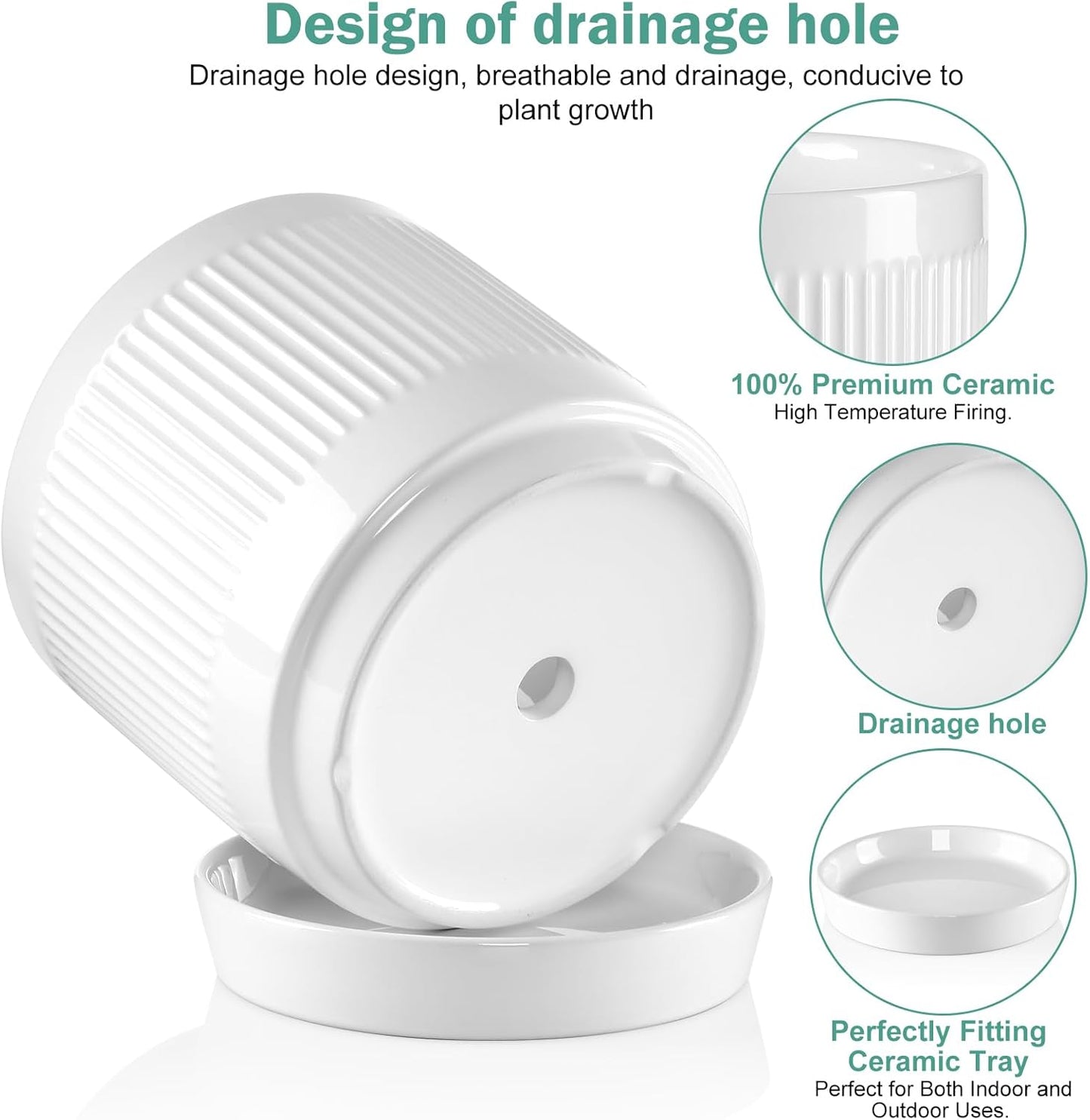 Vanavazon Ceramic Planter Pots for Indoor Plants with Drainage Hole and Saucer,6 Inch Cylinder Plant Pots,Glazed Finish Interior and Exterior,Set of 2 (White)